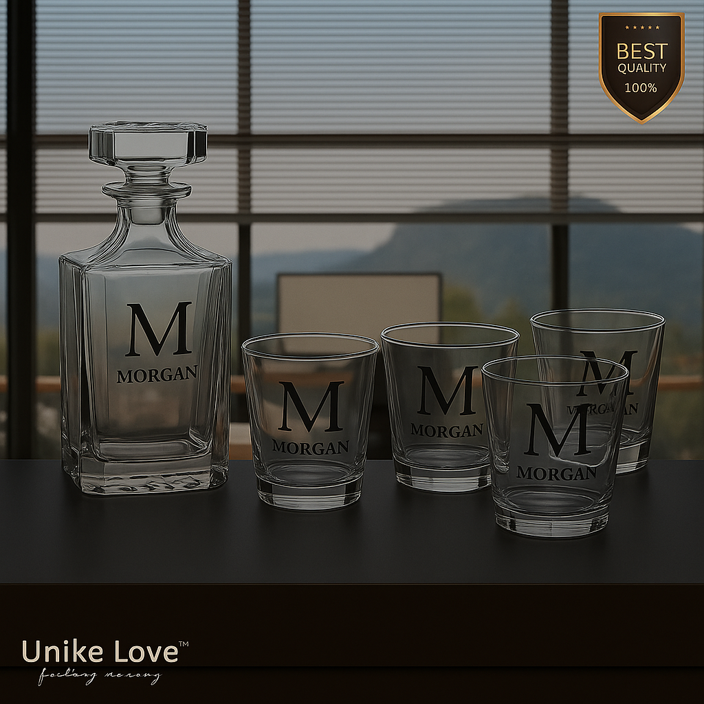 Customized Whiskey Set - Square Glass Decanter w/ Four Rocks Glasses - Personalize in one of 6 Colors