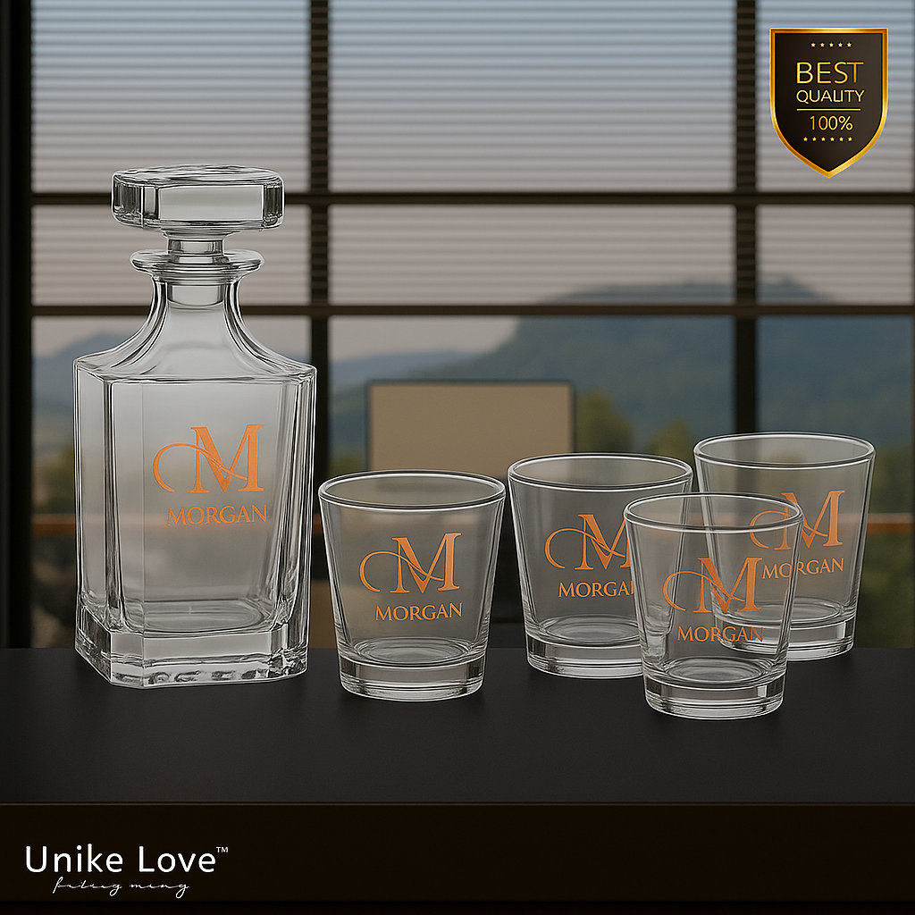 Customized Whiskey Set - Square Glass Decanter w/ Four Rocks Glasses - Personalize in one of 6 Colors
