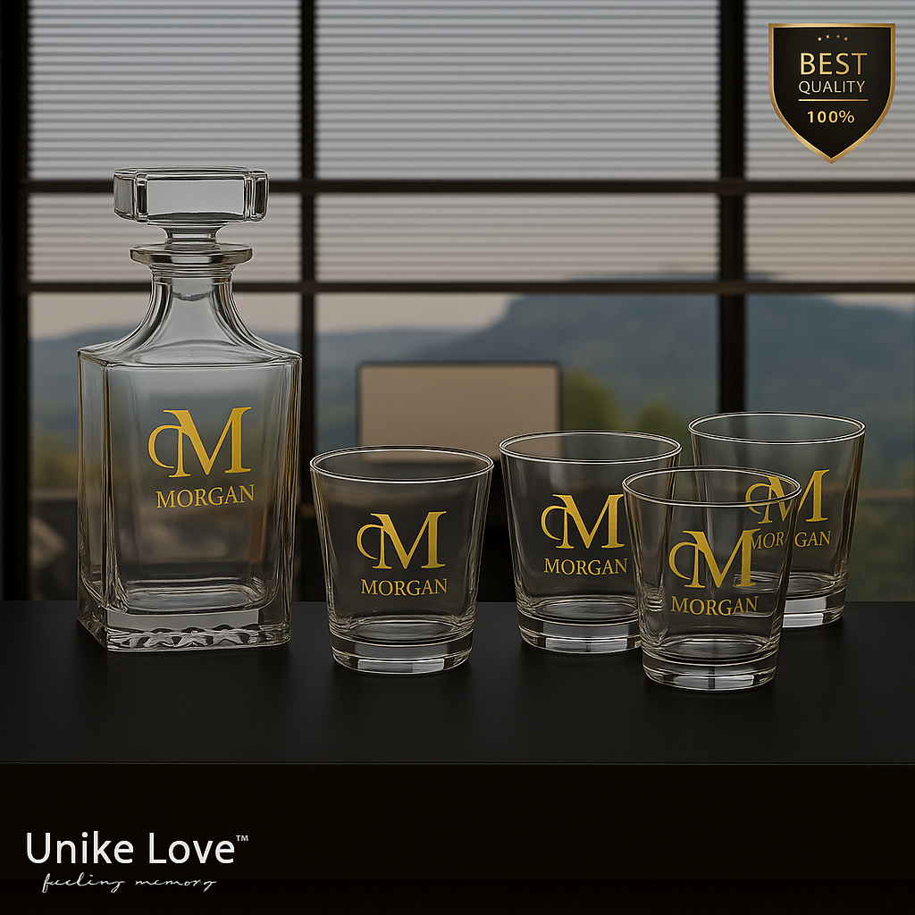 Customized Whiskey Set - Square Glass Decanter w/ Four Rocks Glasses - Personalize in one of 6 Colors