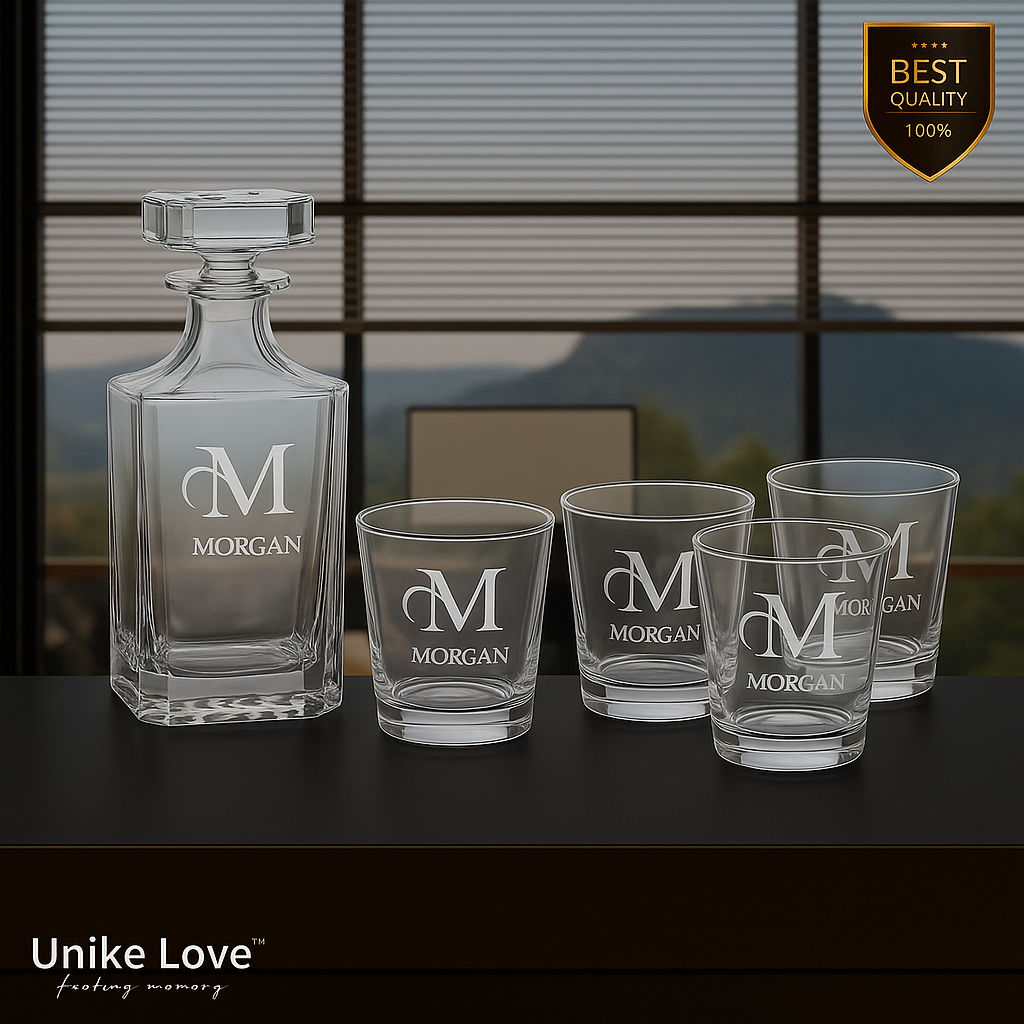 Customized Whiskey Set - Square Glass Decanter w/ Four Rocks Glasses - Personalize in one of 6 Colors