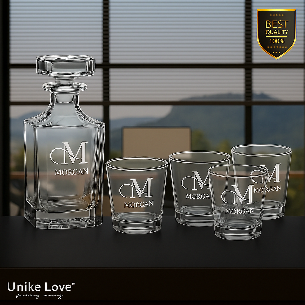 Customized Whiskey Set - Square Glass Decanter w/ Four Rocks Glasses - Personalize in one of 6 Colors