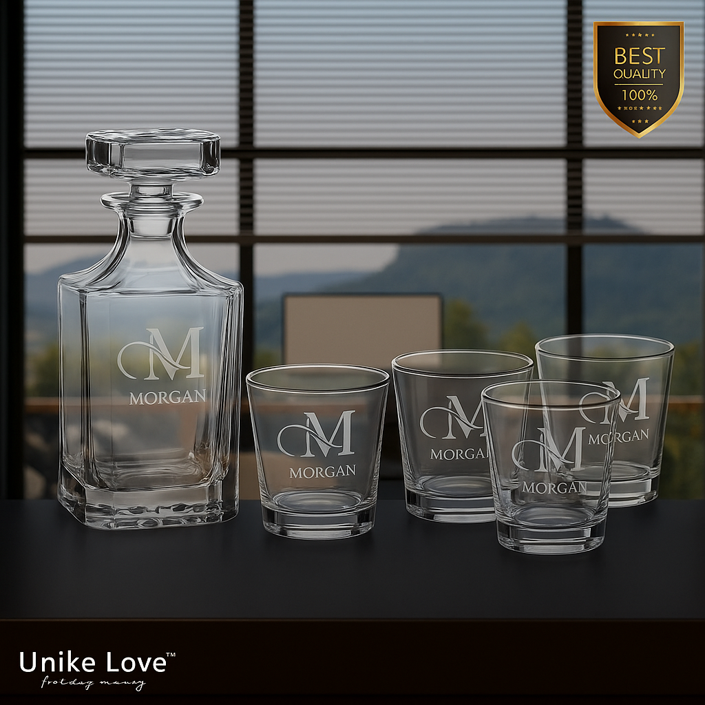 Customized Whiskey Set - Square Glass Decanter w/ Four Rocks Glasses - Personalize in one of 6 Colors