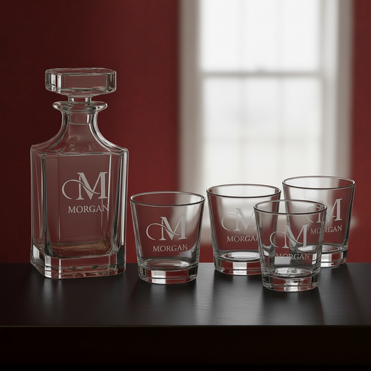 Customized Whiskey Set - Square Glass Decanter w/ Four Rocks Glasses - Personalize in one of 6 Colors