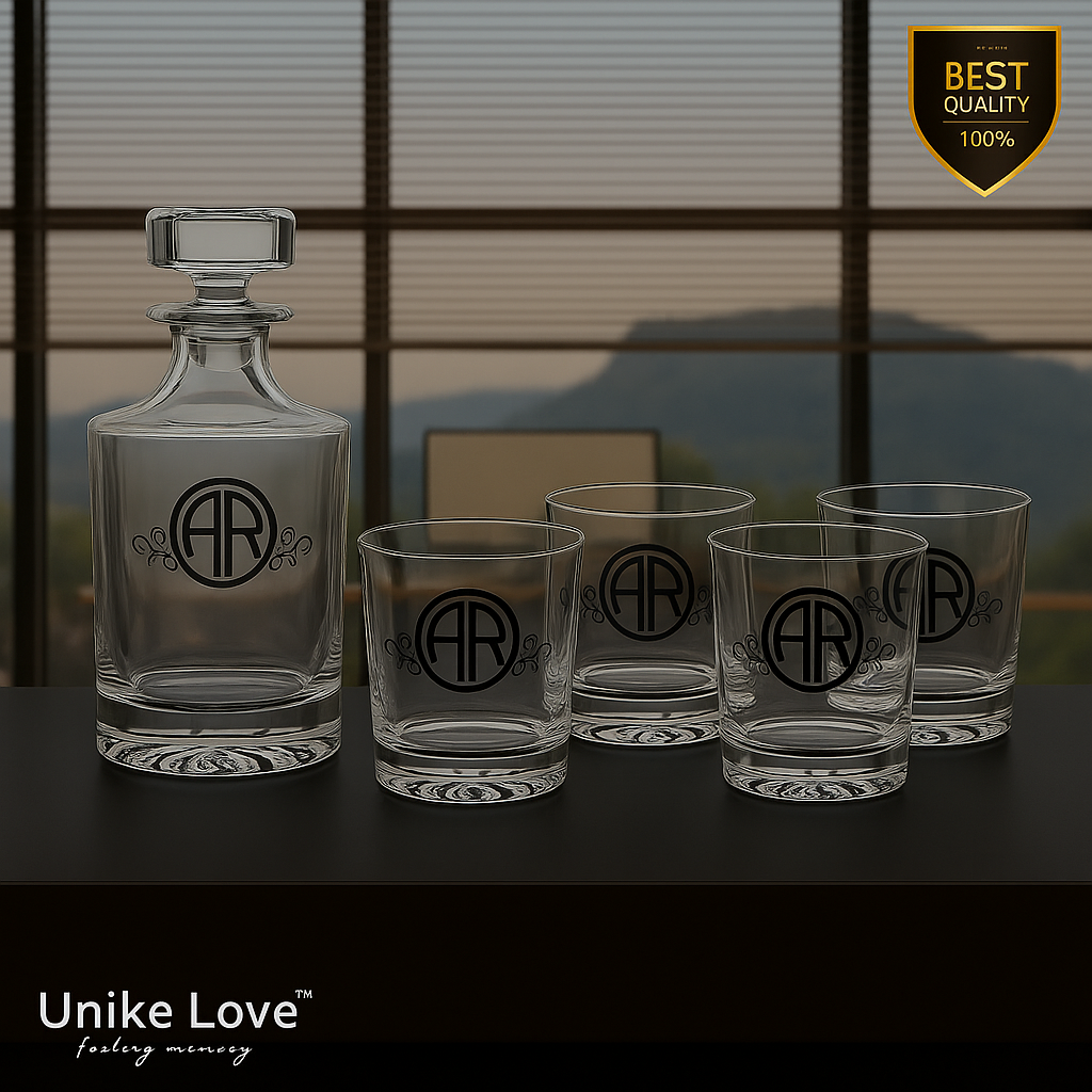 Customized Whiskey Set - Round Glass Decanter w/ Four 9 oz. Rocks Glasses - Personalized in one of Six Colors