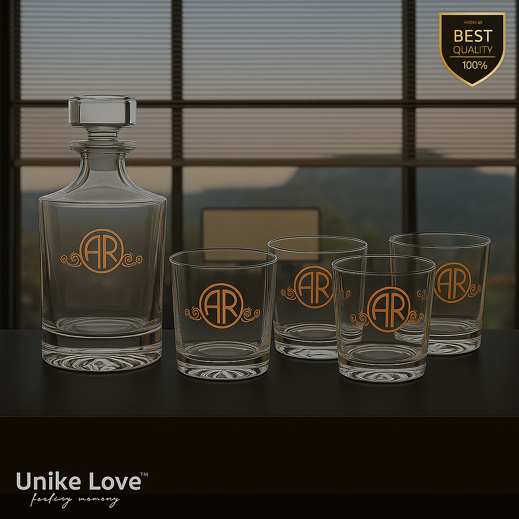 Customized Whiskey Set - Round Glass Decanter w/ Four 9 oz. Rocks Glasses - Personalized in one of Six Colors