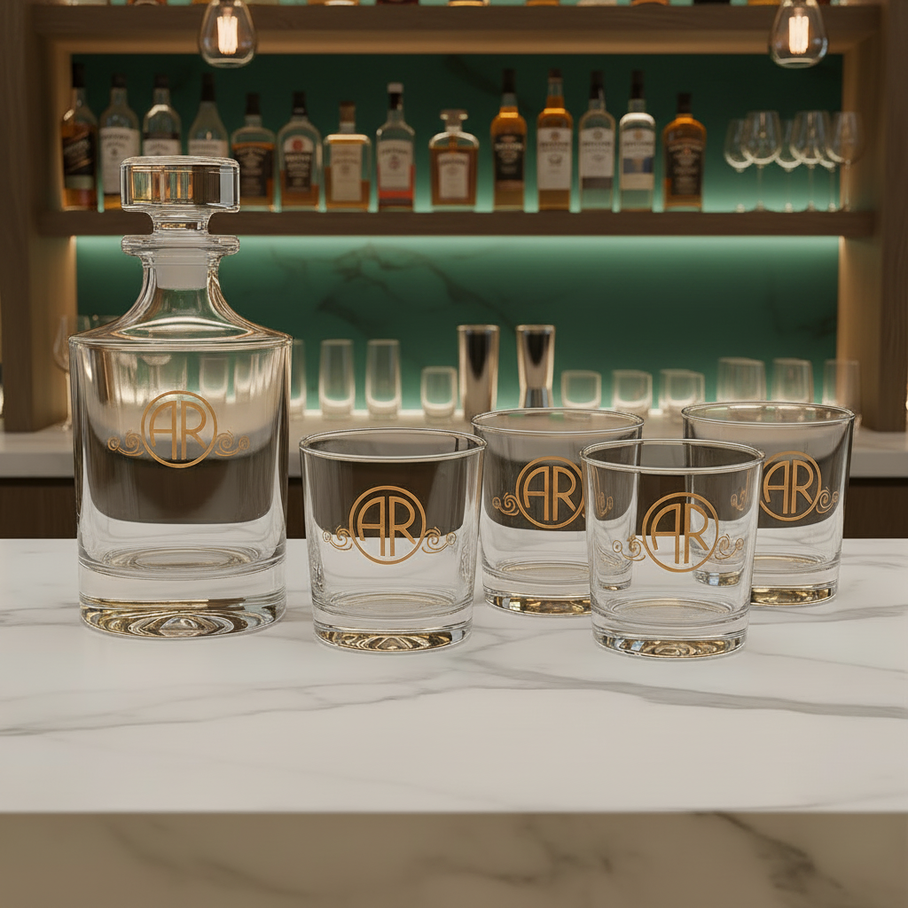 Customized Whiskey Set - Round Glass Decanter w/ Four 9 oz. Rocks Glasses - Personalized in one of Six Colors