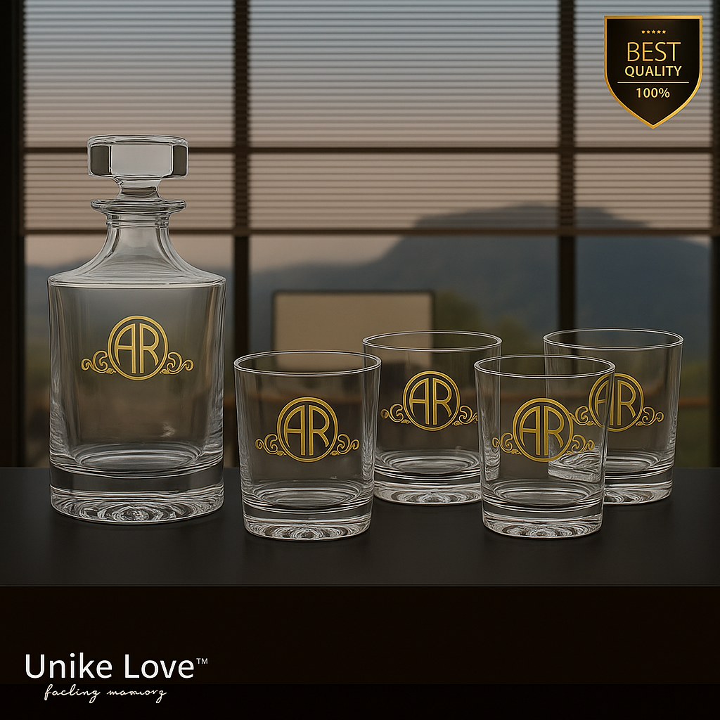 Customized Whiskey Set - Round Glass Decanter w/ Four 9 oz. Rocks Glasses - Personalized in one of Six Colors