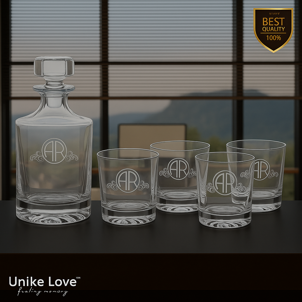 Customized Whiskey Set - Round Glass Decanter w/ Four 9 oz. Rocks Glasses - Personalized in one of Six Colors
