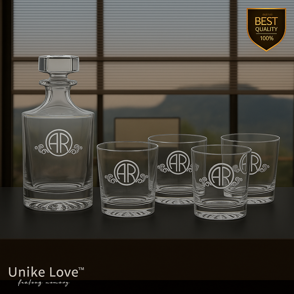 Customized Whiskey Set - Round Glass Decanter w/ Four 9 oz. Rocks Glasses - Personalized in one of Six Colors