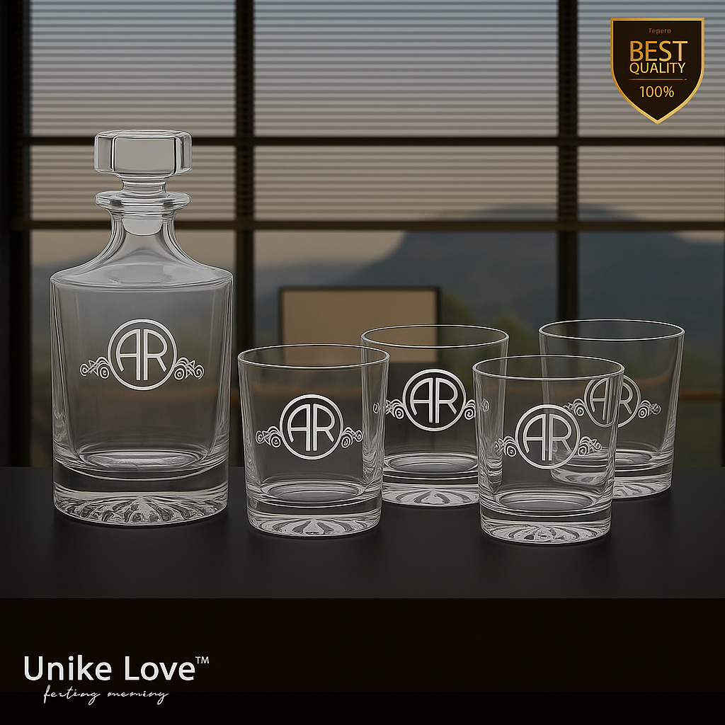 Customized Whiskey Set - Round Glass Decanter w/ Four 9 oz. Rocks Glasses - Personalized in one of Six Colors
