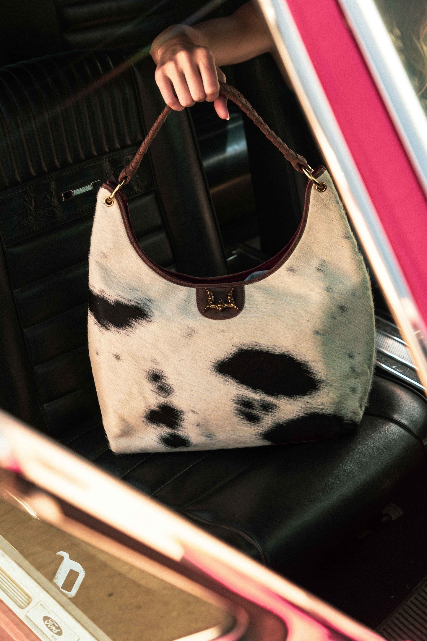Large Western Purse - Black & White Cowhide w/ Oiled Ruby Leather - Hidden CCW Pocket