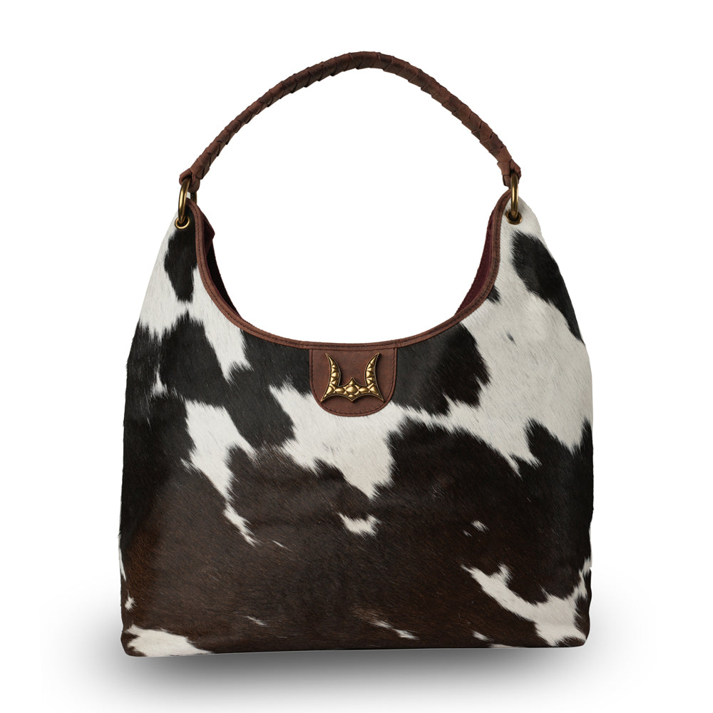 Large Western Purse - Black & White Cowhide w/ Oiled Ruby Leather - Hidden CCW Pocket
