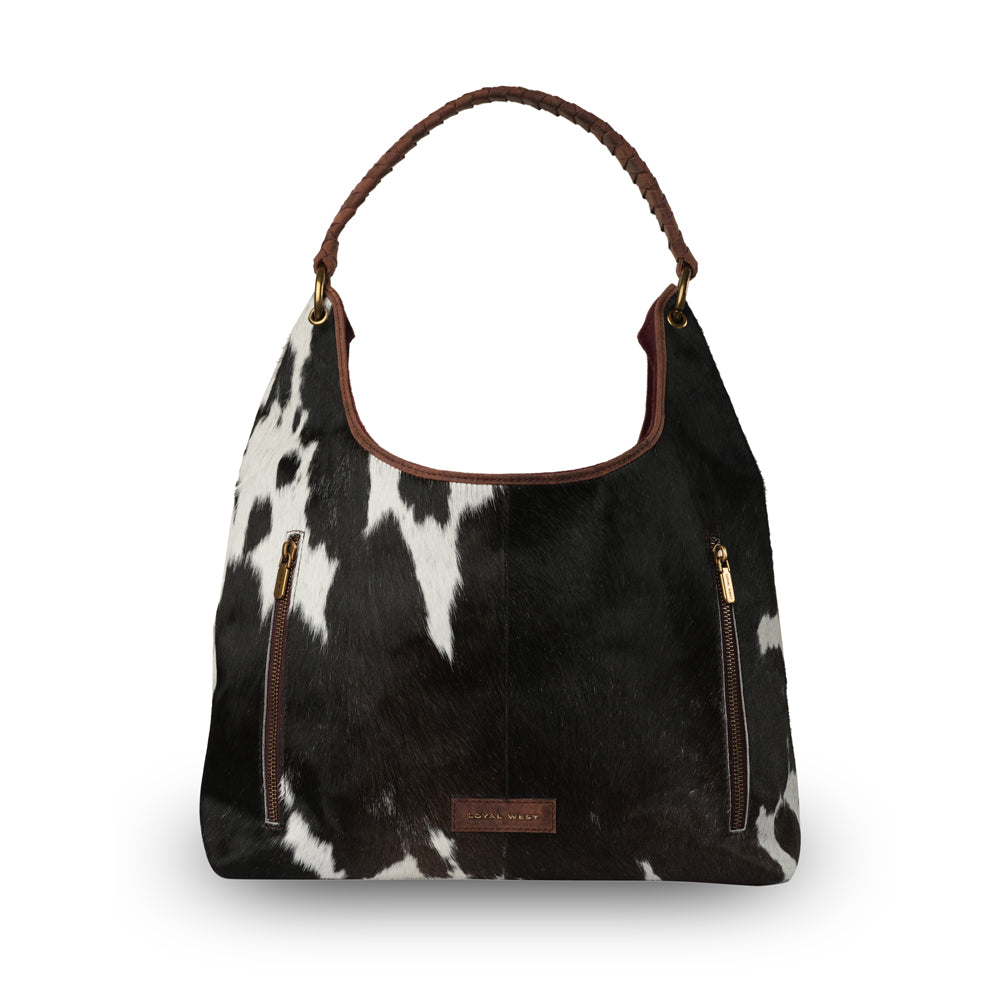 Large Western Purse - Black & White Cowhide w/ Oiled Ruby Leather - Hidden CCW Pocket