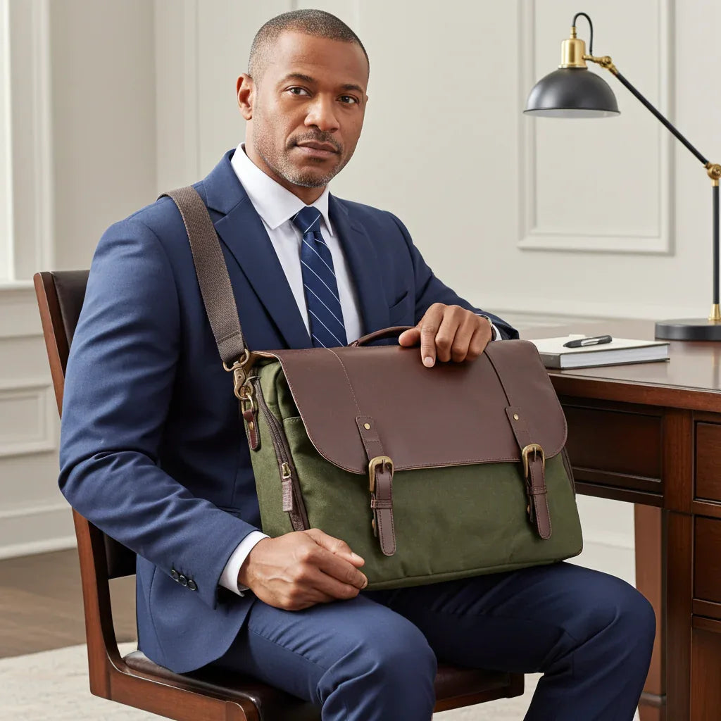 16" Waxed Canvas and Leather Laptop Messenger Bag - Casual Comfort and Style