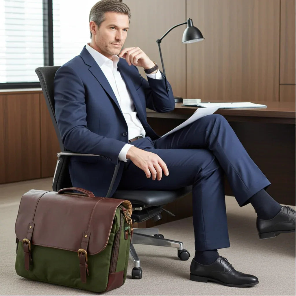 16" Waxed Canvas and Leather Laptop Messenger Bag - Casual Comfort and Style