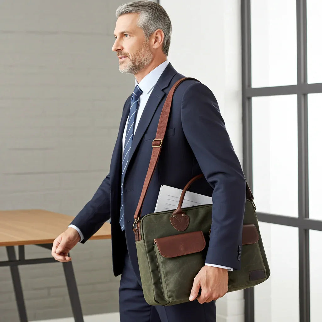 Top-Zip Waxed Canvas Laptop Messenger Bag - Convenient Multiple Pockets