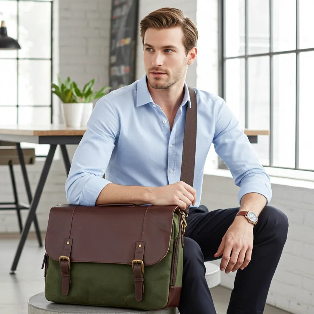 16" Waxed Canvas and Leather Laptop Messenger Bag - Casual Comfort and Style