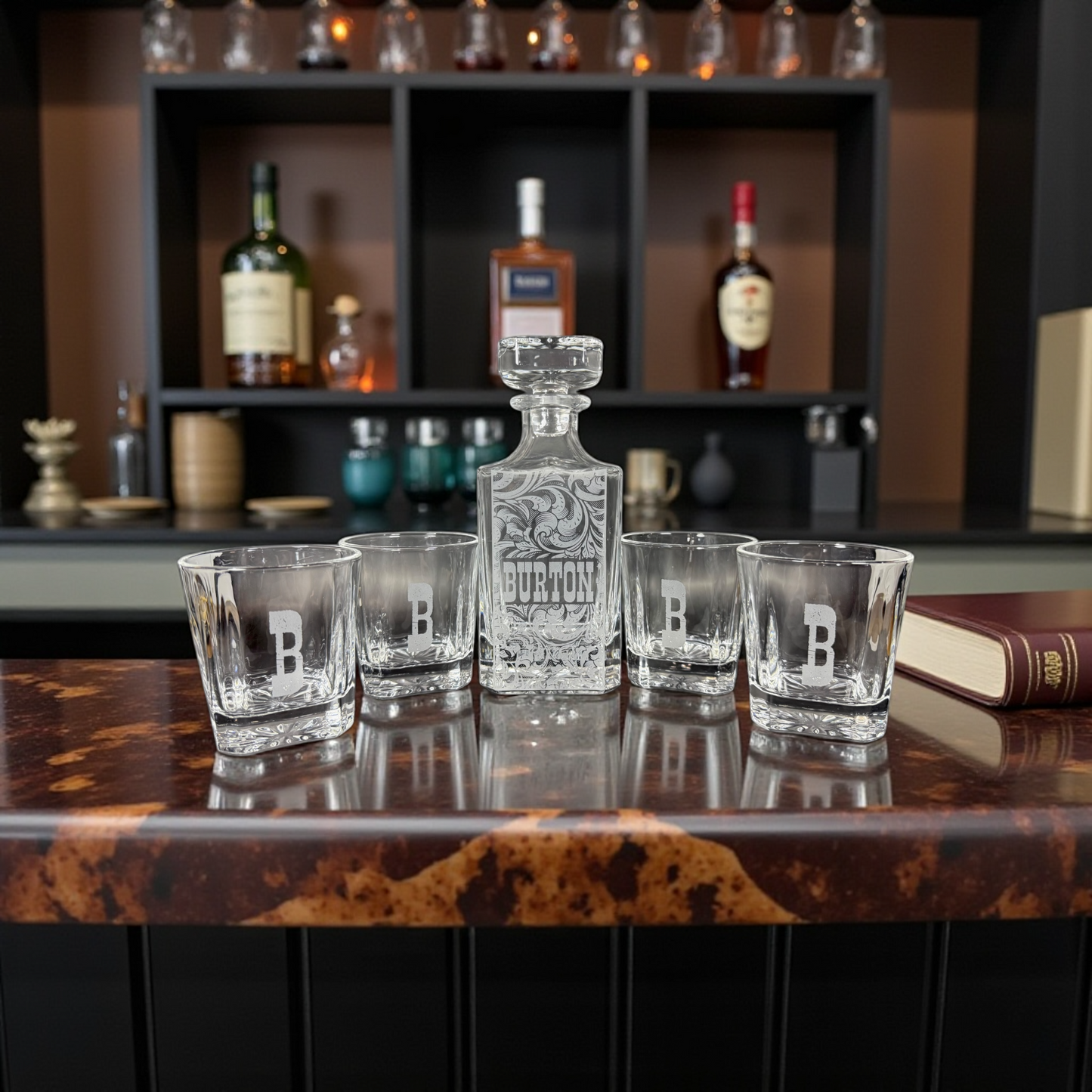 Whiskey Decanter Set Custom Laser Engraved - Customize Your Own Bar - A Terrific Gift