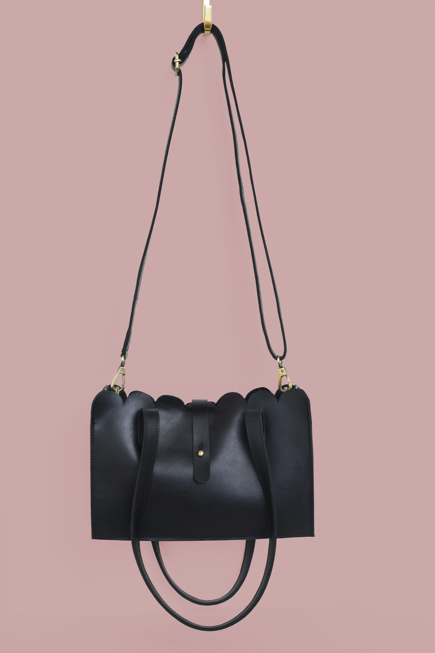 Scalloped Convertible Midsized Handbag - Adjustable Strap - Black Leather