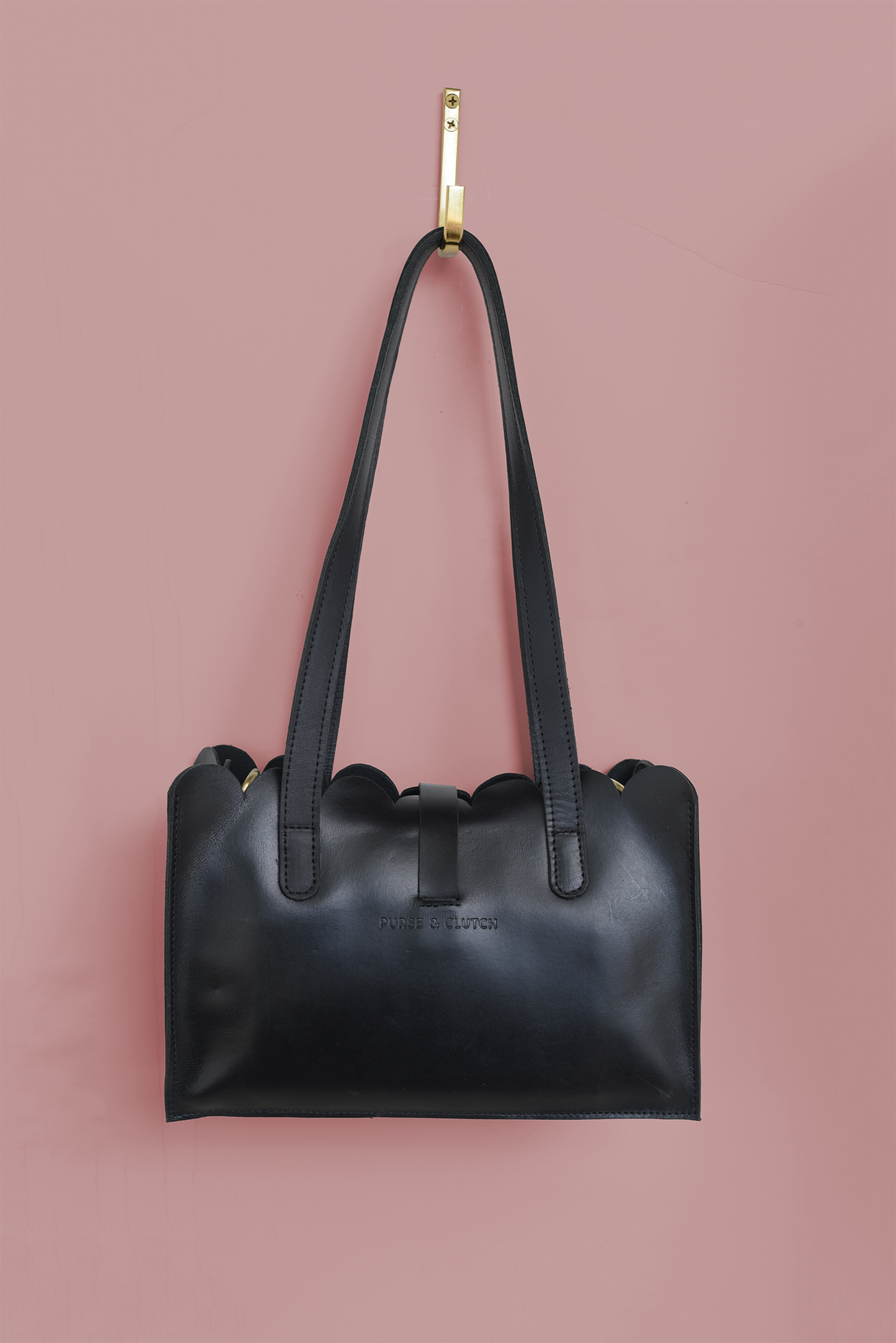 Scalloped Convertible Midsized Handbag - Adjustable Strap - Black Leather