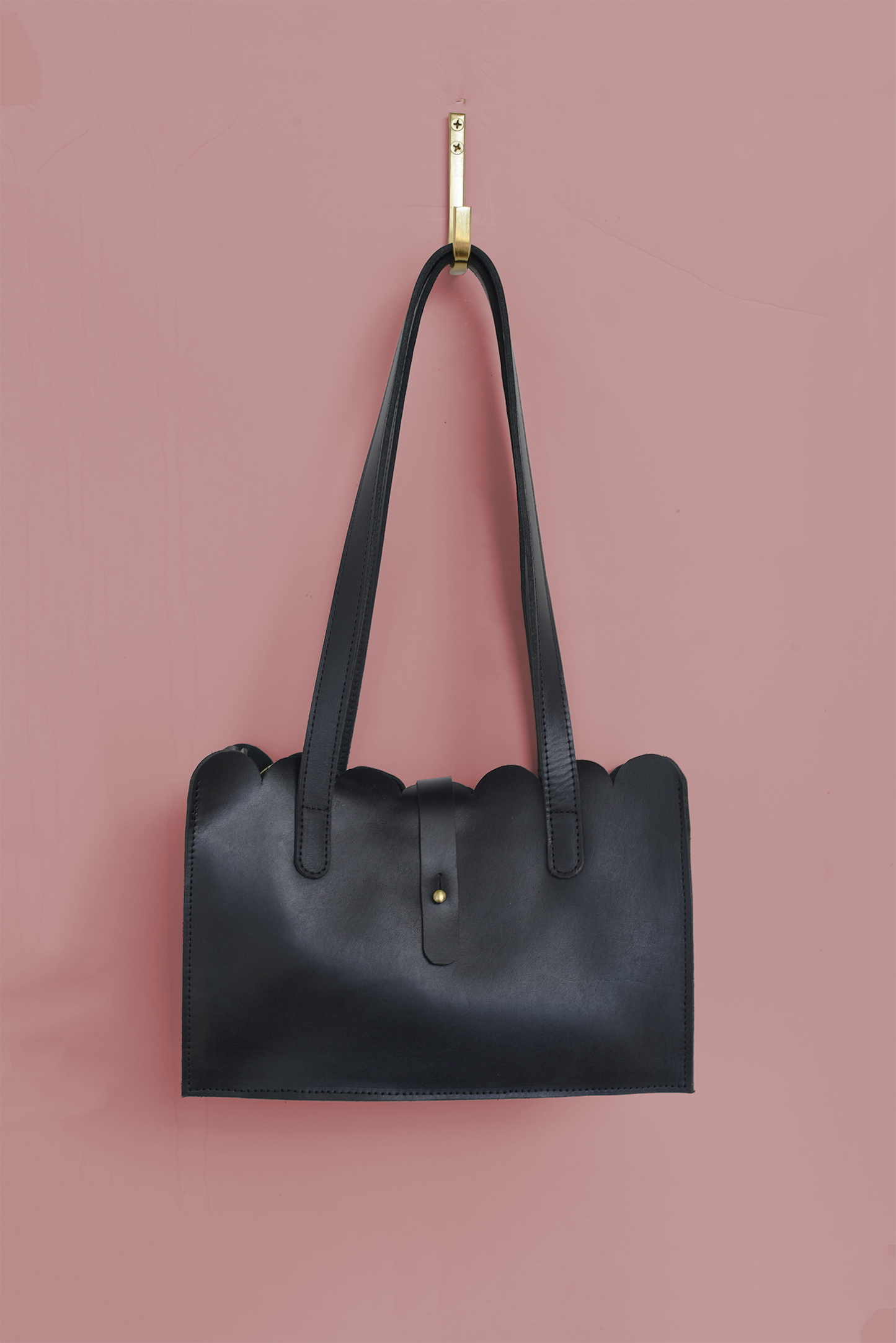 Scalloped Convertible Midsized Handbag - Adjustable Strap - Black Leather