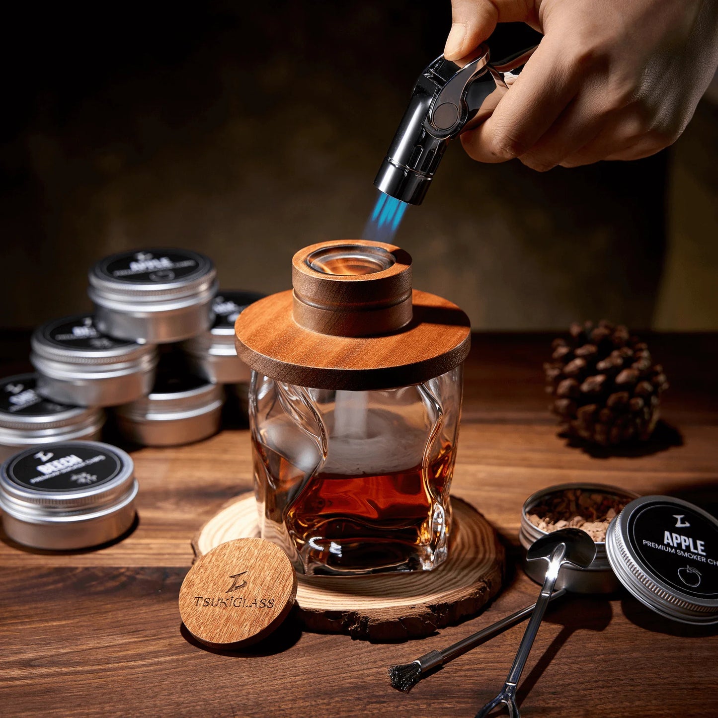 Tsuki Smoker Kit w/ Torch -  For Whisky & Cocktails - Just Smoker Kit, or w/ 2 or 4 Hoshi Glasses
