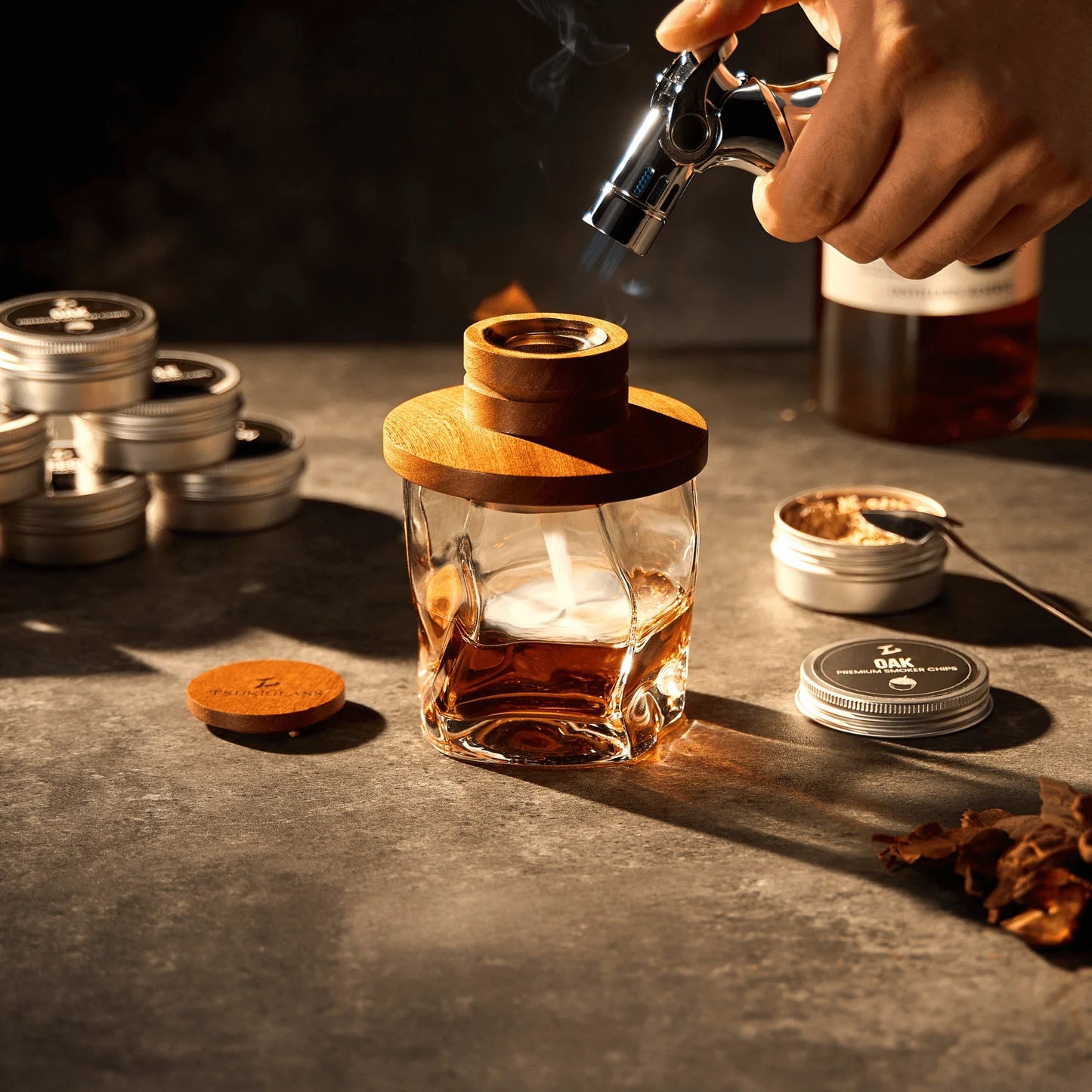 Tsuki Smoker Kit w/ Torch -  For Whisky & Cocktails - Just Smoker Kit, or w/ 2 or 4 Hoshi Glasses