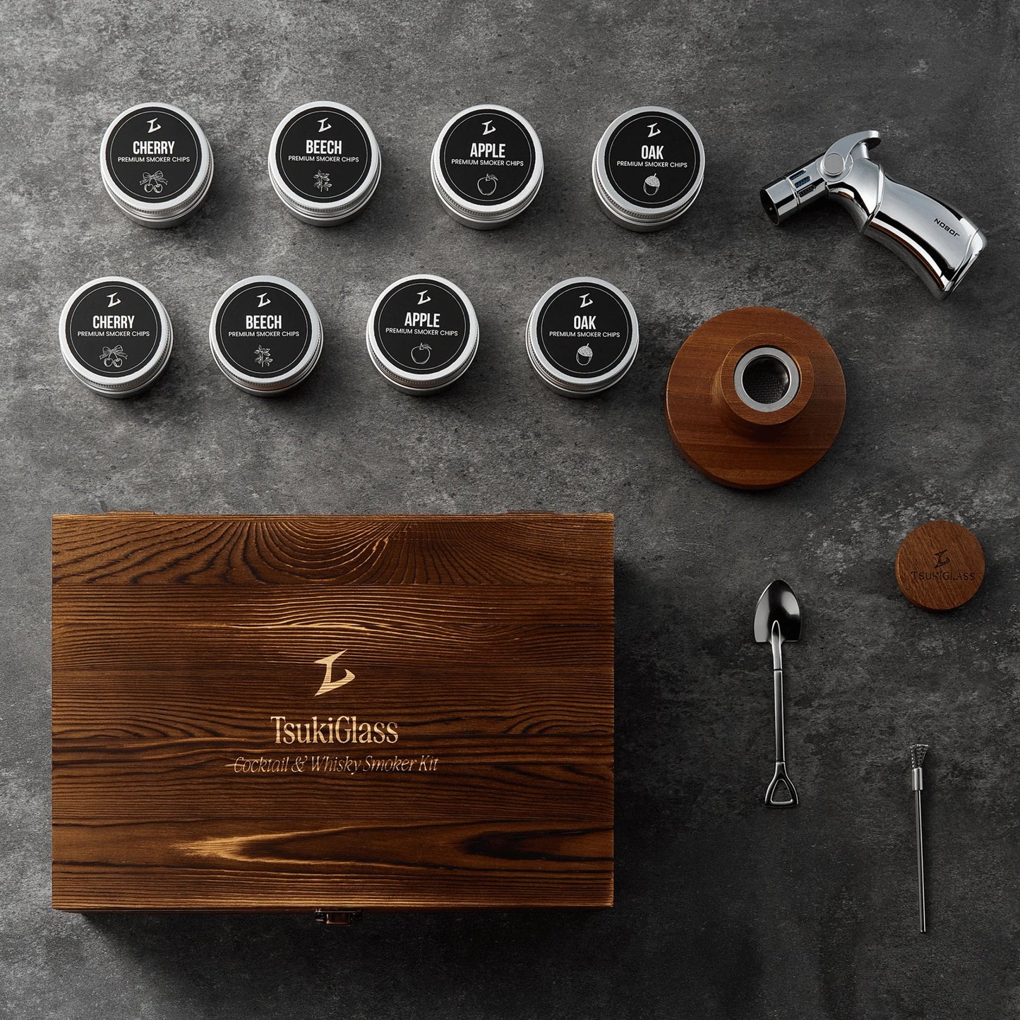 Tsuki Smoker Kit w/ Torch -  For Whisky & Cocktails - Just Smoker Kit, or w/ 2 or 4 Hoshi Glasses