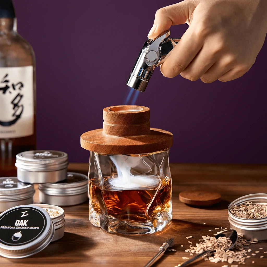 Tsuki Smoker Kit w/ Torch -  For Whisky & Cocktails - Just Smoker Kit, or w/ 2 or 4 Hoshi Glasses