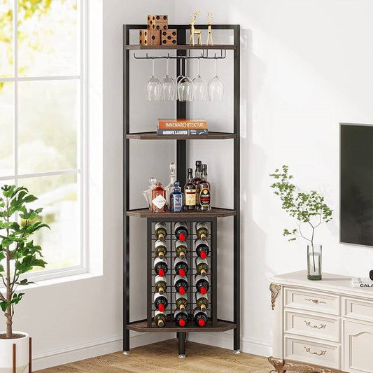 Corner Wine Rack Storage Shelving Unit with Glass Holders - Sleek Industrial Steel