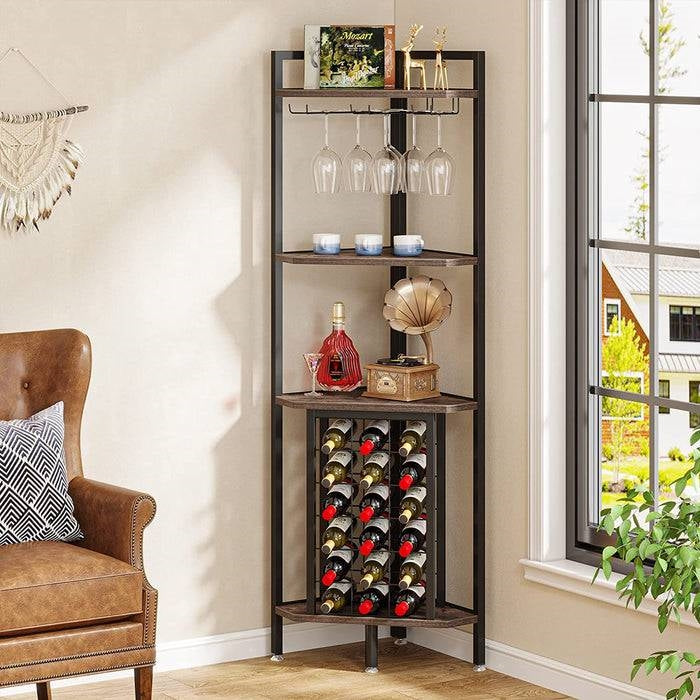 Corner Wine Rack Storage Shelving Unit with Glass Holders - Sleek Industrial Steel