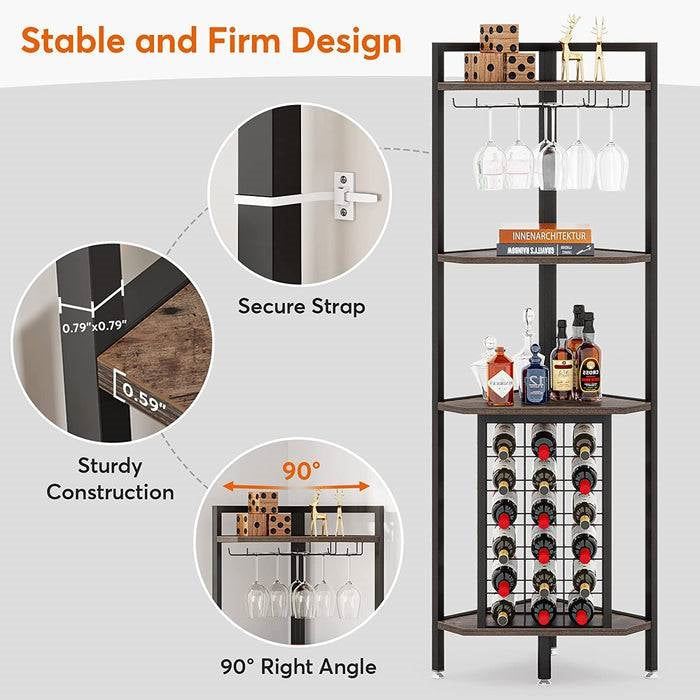 Corner Wine Rack Storage Shelving Unit with Glass Holders - Sleek Industrial Steel