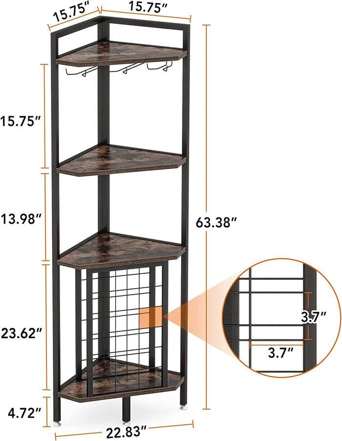 Corner Wine Rack Storage Shelving Unit with Glass Holders - Sleek Industrial Steel