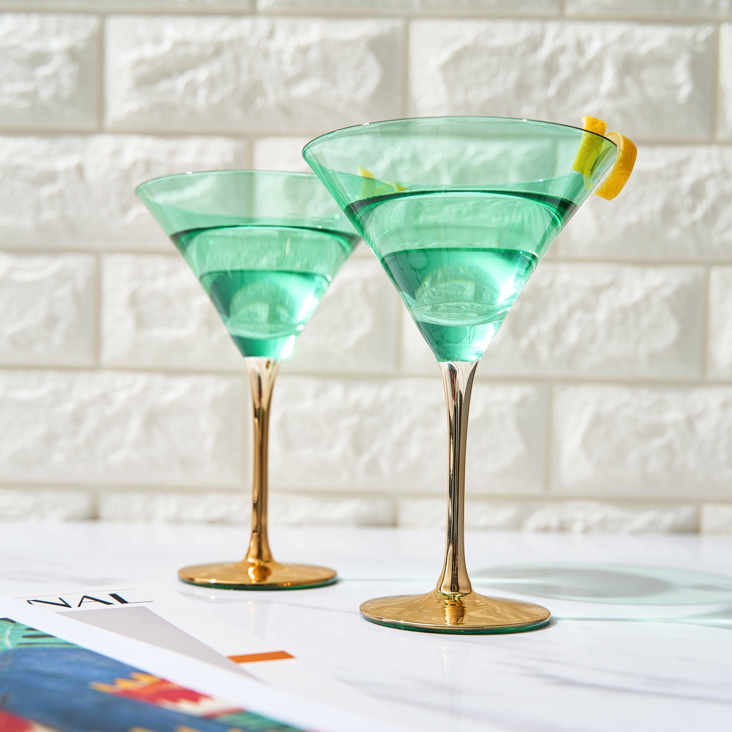Deco Martini Cocktail Glassware - Teal and Gold - Set of 4
