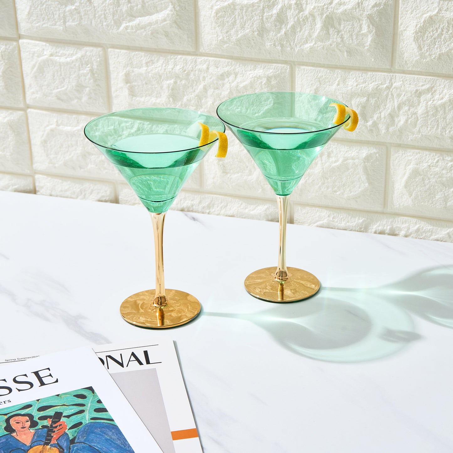 Deco Martini Cocktail Glassware - Teal and Gold - Set of 4