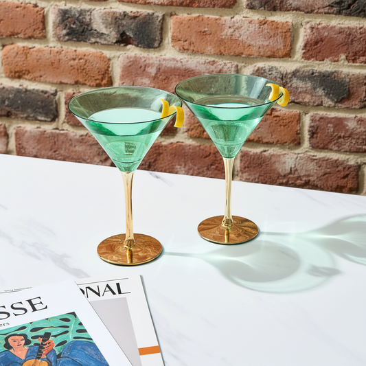 Deco Martini Cocktail Glassware - Teal and Gold - Set of 4