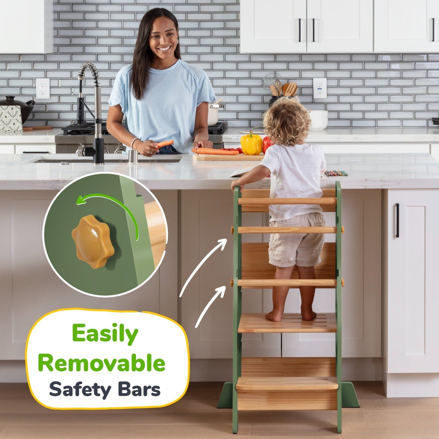 Help Your Little Ones Participate!  Adjustable Toddler Kitchen/Bathroom Tower with Safety Bars - 4 Colors