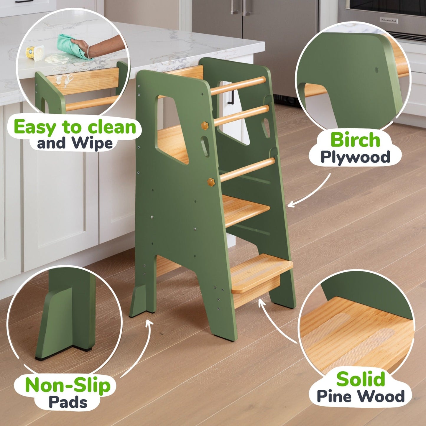 Help Your Little Ones Participate!  Adjustable Toddler Kitchen/Bathroom Tower with Safety Bars - 4 Colors