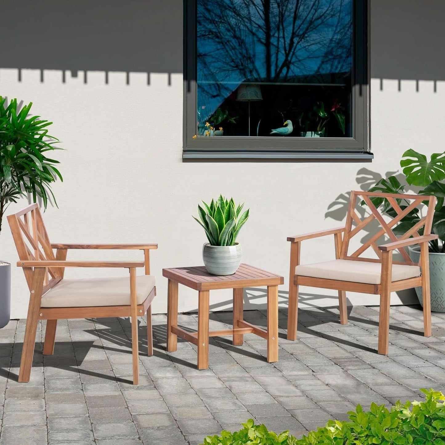 3 Piece Outdoor Patio Furniture Set: Acacia Wood Cushioned Chairs And Coffee Table