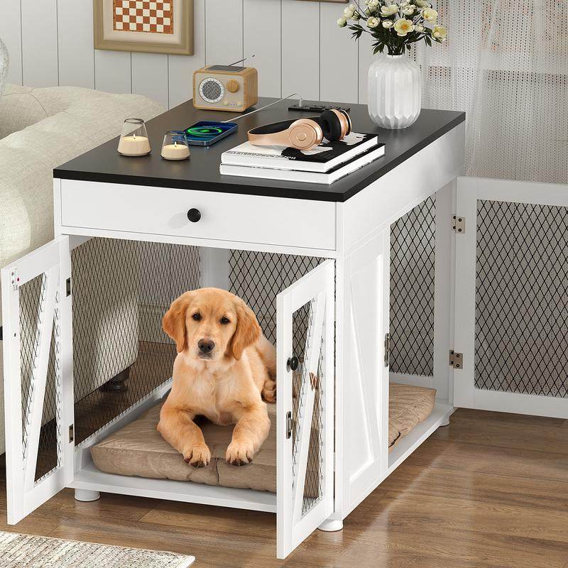 Dog Crate End Table/Nightstand with Drawer & USB Charging - Easy Assembly