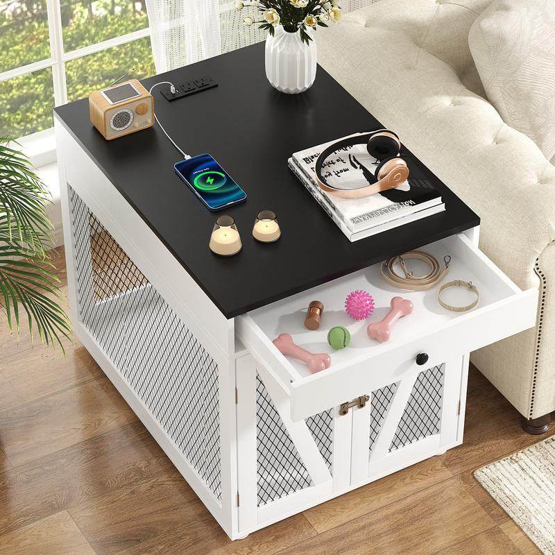 Dog Crate End Table/Nightstand with Drawer & USB Charging - Easy Assembly