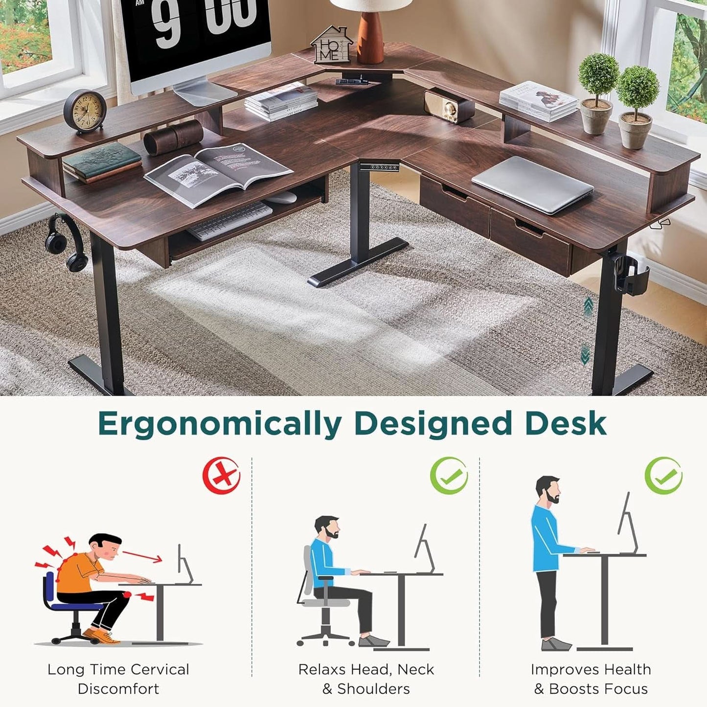 Elevated Motorized Standing Corner Desk Dark Walnut (60" both directions)