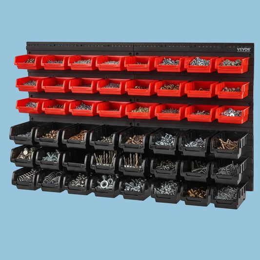 Wall Mounted Storage Bins, 48-Bin Parts Rack Organizer Garage Plastic Shop Tool with Wall Panels, Tool Organizer for Nuts, Bolts, Screws, Nails, Beads, Buttons, Other Small Parts, Black and Red