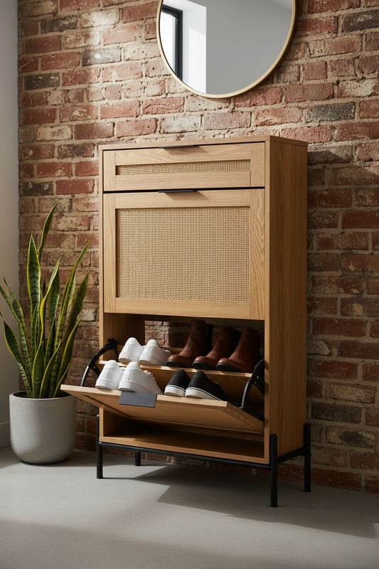 Rattan Shoe Cabinet, Narrow Shoe Storage Organizer with 2 Flip Rattan Drawers & 1 Slide Drawer, Metal Legs, Slim Shoe Entryway Cabinet Ideal for Entryway, Closet, Hallway, Light Wood Color