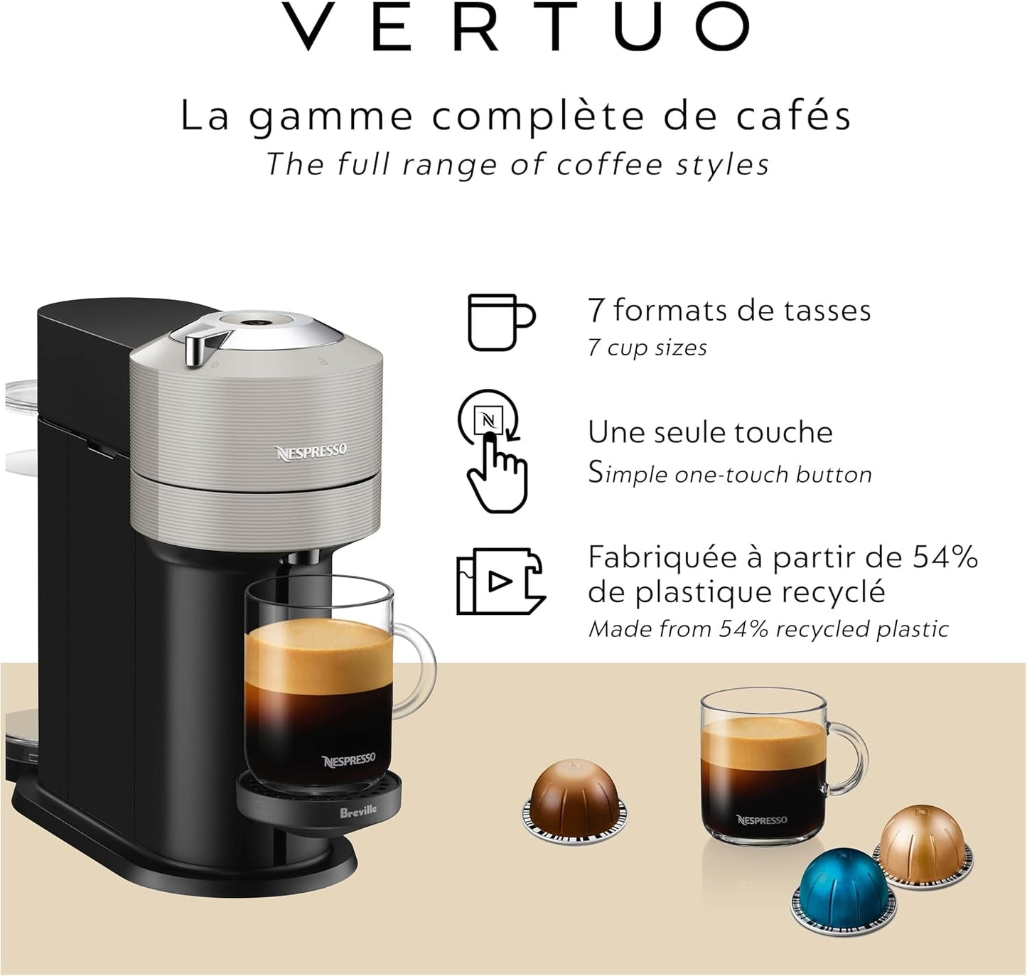 Vertuo Next Coffee and Espresso Maker by Breville, with Aeroccino Milk Frother, Light Grey