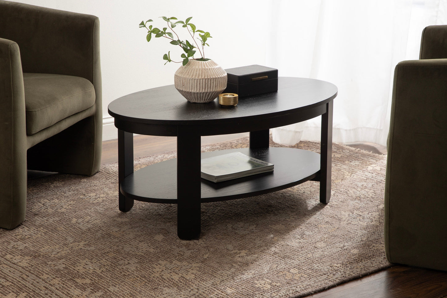 Sleek Oval Wood Coffee Table - 38" x 24" - Black and Natural - Easy Assembly