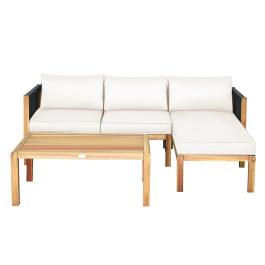3-Piece Patio Sofa Furniture Set, solid Acacia Wood with Nylon Rope Armrest and White Cushions