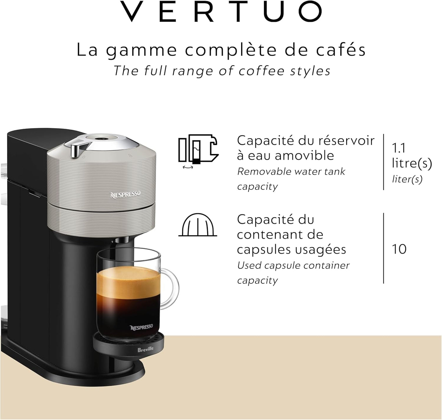 Vertuo Next Coffee and Espresso Maker by Breville, with Aeroccino Milk Frother, Light Grey