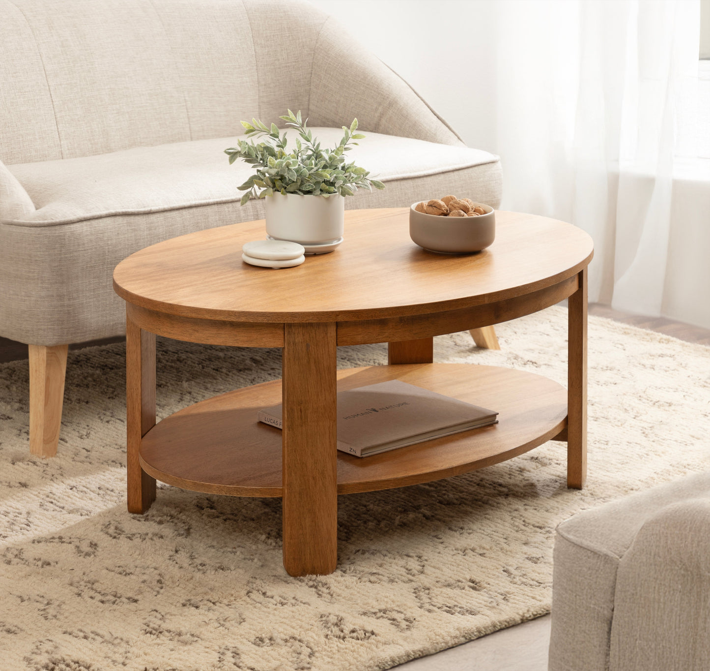 Sleek Oval Wood Coffee Table - 38" x 24" - Black and Natural - Easy Assembly