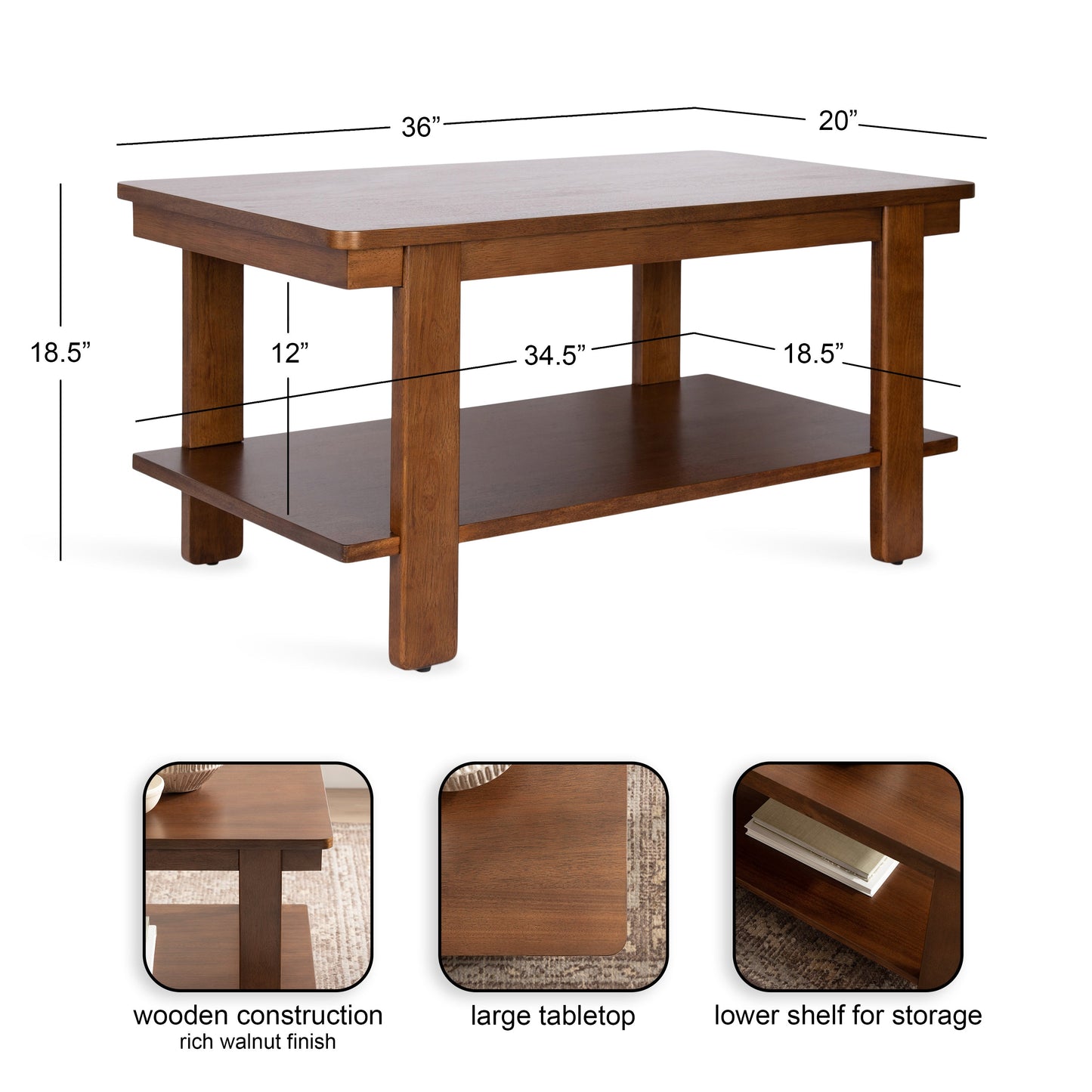 Sophisticated Rectangle Coffee Table in 3 Finishes - Solid and Engineered Wood - Easy Assembly